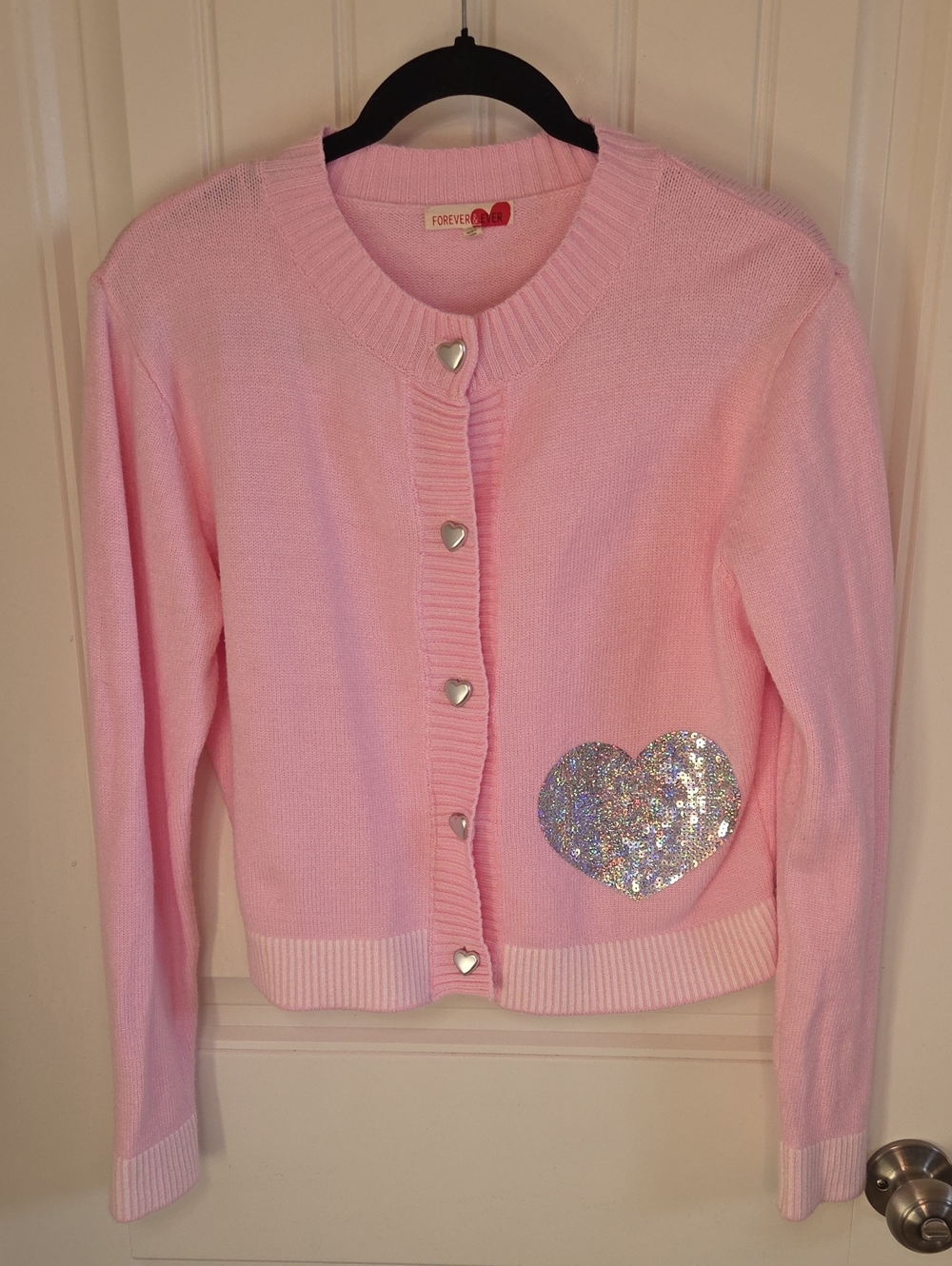 Pink Cardigan With Sequin Heart And Heart-shaped Silver-tone Buttons